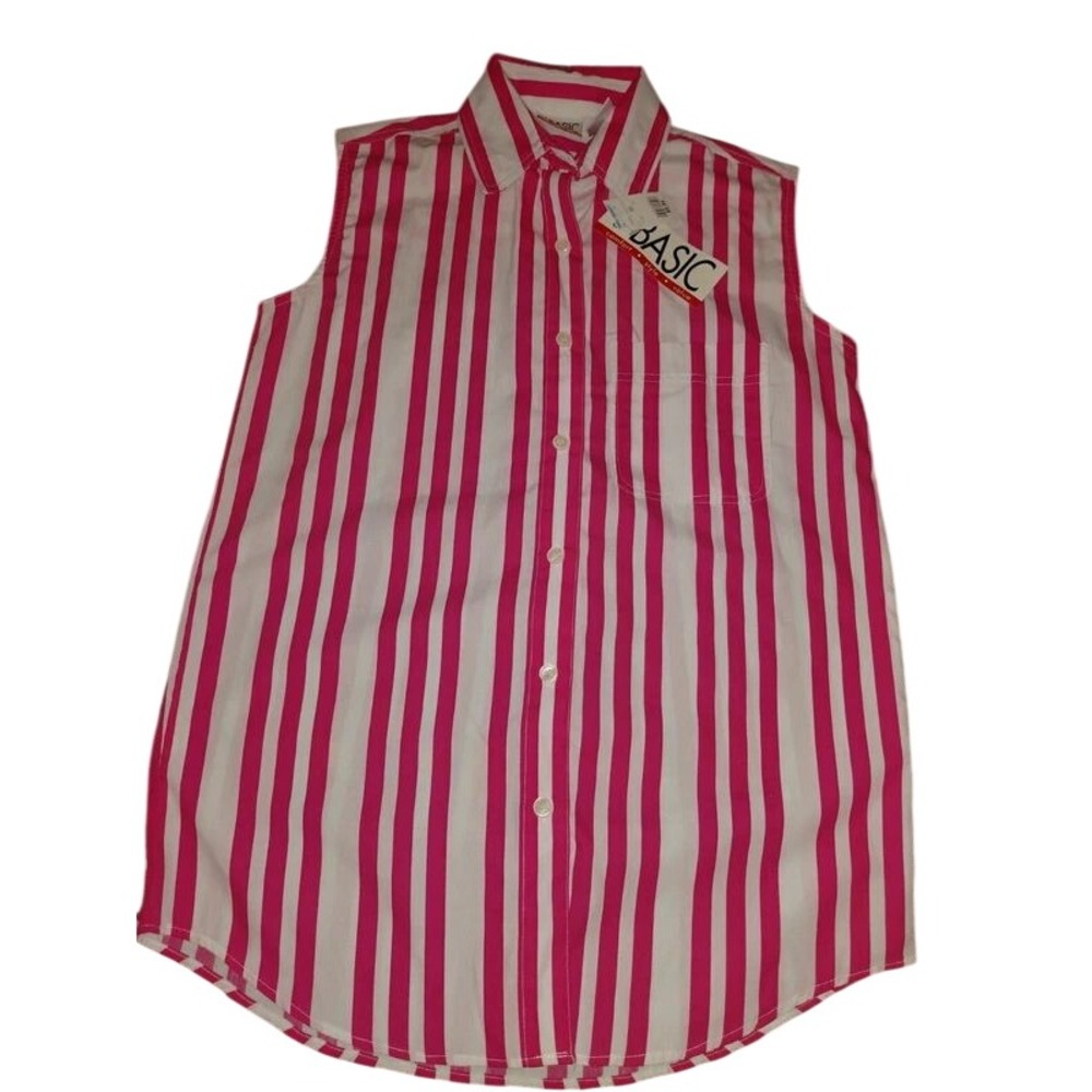 Basic Womens Fuchsia Pink White Striped Sleeveless Button Down Shirt M NWT